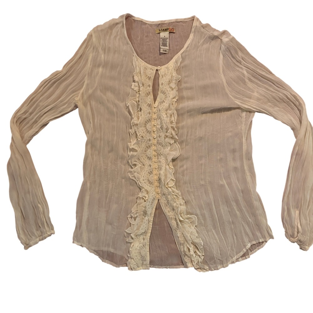 Stamp 10 Sheer White Ruffle Lace Button Blouse Women's Size‎ S Y2K Cottage Core